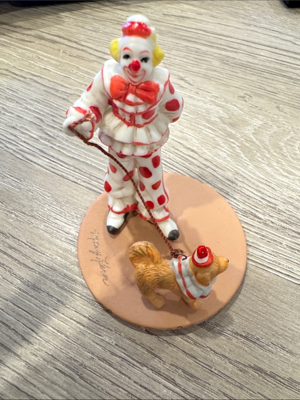 White and Red Polka Dot Clown Figurine with Dog - Decorative Home Accent